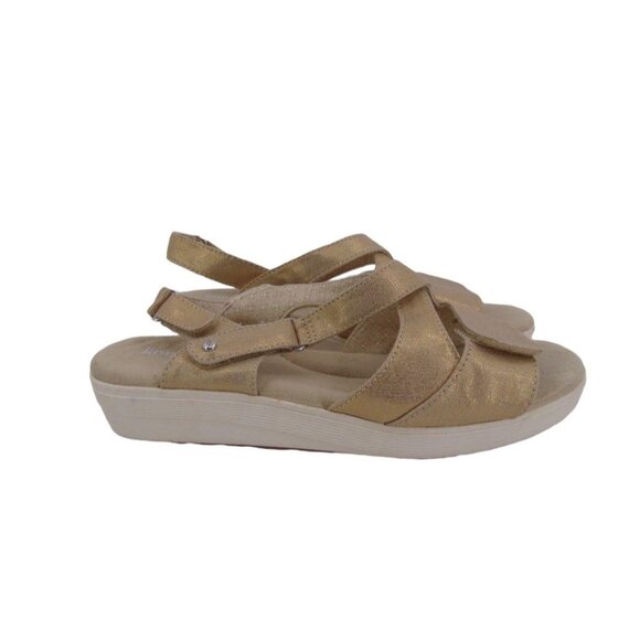 Grasshoppers Leah Two Strap Sandals 9.5 W Wide Gold Linen Textile Shoes - Picture 5 of 14